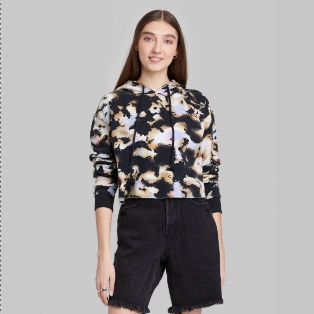 NWT Wild Fable Black Multi Tie Dye Cropped Hoodie